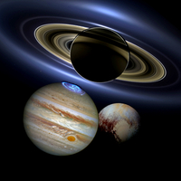 Collage of photos of Jupiter, Saturn and Pluto